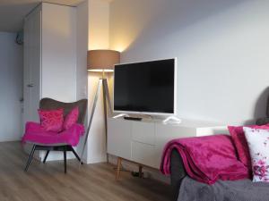 A television and/or entertainment centre at Swiss Seeblick Apartment mit Hotelanbindung