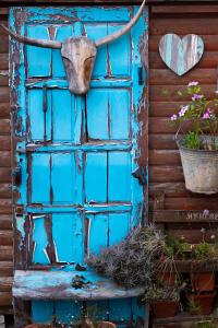 an old blue door with a bucket on it at Treetops Guesthouse in Port Elizabeth