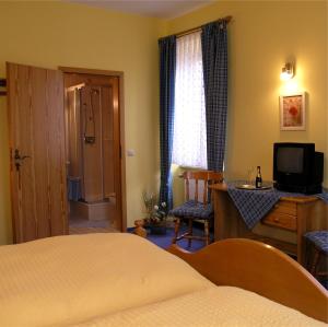 a bedroom with a bed and a desk with a television at Landgasthof Reichsadler in Höchstädt bei Thiersheim