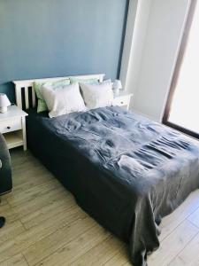 a large bed in a bedroom with a blue wall at New Gudauri Loft 2,apart 106 in Gudauri