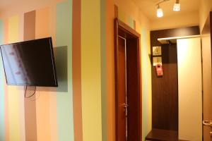 - une télévision sur un mur rayé dans l'établissement Hotel Caras, à Oraviţa