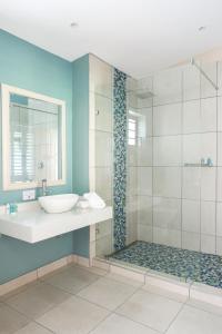 ein Bad mit einem Waschbecken und einer Dusche in der Unterkunft Houw Hoek Hotel in Botrivier