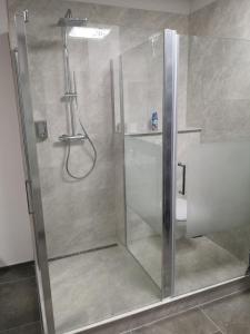 a shower with a glass door in a bathroom at Centrum DBL-room Dominika in Bardejov