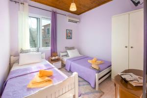 two beds in a room with purple walls at Paxos Apartments in Gaios