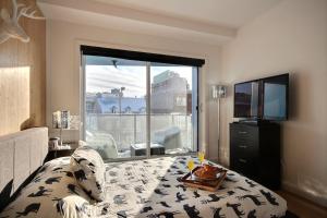 a bedroom with a bed and a tv and a window at Le Kaméléon 318 : interieur parking, rooftop terrace, gym in Quebec City