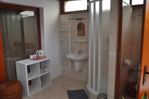 a bathroom with a sink and a toilet and a shower at Penzion Kimex in Znojmo