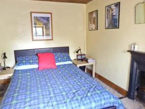 a bedroom with a bed with a red pillow on it at Clooncorraun Cottage in Ballinrobe