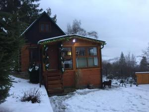 a small cabin with a dog standing in the snow at CHataBela in Svit
