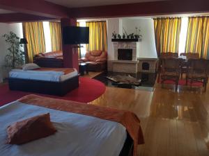 uma sala de estar com uma cama e uma lareira em Pension Poiana Marului Ranch em Poiana Mărului
