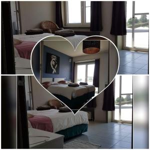 een collage van drie foto's van een slaapkamer met twee bedden bij De Hollemeersch Hotel in Dranouter