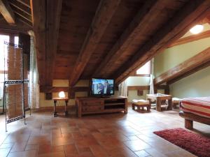 uma grande sala de estar com uma televisão e uma cama em El Rincón de las Hoces del Duratón em Burgomillodo