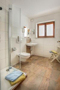 a bathroom with a shower and a toilet and a sink at Haus Sylta in Fischen