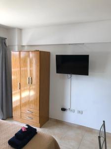 1 dormitorio con 1 cama y armario con TV de pantalla plana en Loft Rosario en Rosario