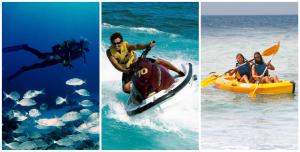three pictures of people in the water on a boat and fish at Duplex Ancla in L'Ametlla de Mar