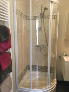 a shower with a glass enclosure in a bathroom at Guesthouse De Middelvelden in Arendonk +6 photos