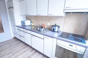 インターラーケンにあるFerrari Apartmentの白いキャビネット、シンク、電子レンジ付きのキッチンが備わります。