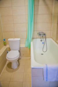 y baño con aseo y bañera con cortina de ducha. en ART ApartmenT, en Ternopilʼ