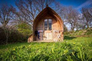 uma pequena cabana de madeira num campo relvado em Ceridwen Glamping, double decker bus and Yurts em Llandysul