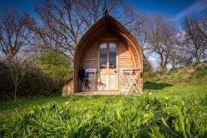 a small wooden cabin in a grassy field at Ceridwen Glamping, double decker bus and Yurts in Llandysul