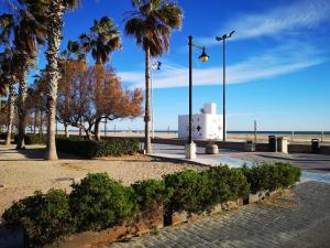 バレンシアにあるUnifamiliar junto al marのヤシの木と街灯とビーチのある公園