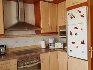 a kitchen with a white refrigerator with butterflies on it at Casa Margarete Puerto de Mazarron in Puerto de Mazarrón