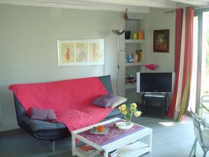 sala de estar con sofá rojo y TV en Gîte au Martin Pêcheur, en Laiz