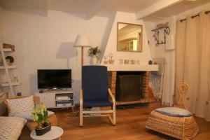 a living room with a fireplace and a blue chair at La perle des Bains in Trouville-sur-Mer