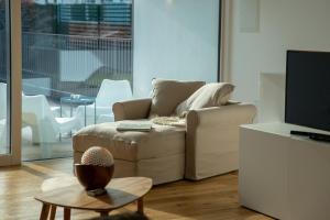 a living room with a couch and a tv at Salzburg Loft in Salzburg