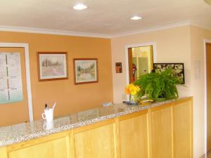 a kitchen with a counter with flowers on it at Stagecoach Inn Motel in Molalla