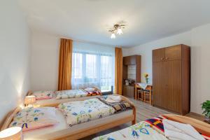 een slaapkamer met 3 bedden en een bureau bij AGROTURYSTYKA U JURKA in Tylicz