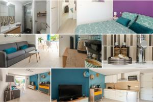 un collage de fotos de una sala de estar y un dormitorio en La Maisonnette Narbonnaise (Proche Grands Buffets), en Narbona