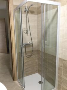 a shower with a glass enclosure in a bathroom at Casa Vacanze Le Casette in Masera +32 photos