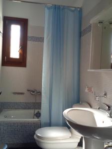 y baño con aseo, lavabo y ducha. en Guesthouse Kalosorisma en Tsagarada
