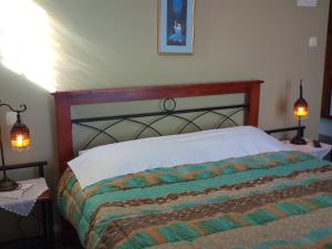 1 cama en un dormitorio con 2 lámparas en las mesas en Guesthouse Kalosorisma, en Tsagkarada