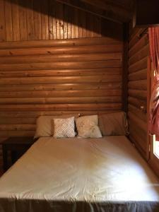 a bed in a log cabin with two pillows on it at Hospedaje en el Lago in Peña Blanca