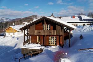 una cabaña de madera en la nieve con nieve en Ferienhaus Hirschkopf, en Mauth