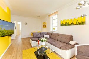 a living room with a couch and a tv at Villa Livia Whg 01 in Ahlbeck