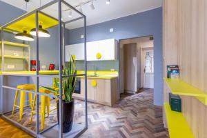 una cucina con pareti gialle e blu e una pianta in vaso di Corvin's Crib a Cluj-Napoca