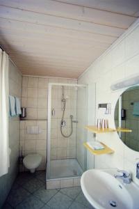 een badkamer met een douche, een wastafel en een toilet bij Suzanne's B&B & Gardens in Füssen