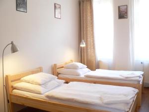 2 camas individuales en una habitación con ventana en Teytz Apartments, en Praga