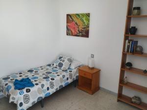 um quarto com uma cama e uma estante de livros em Piso JMAM Centro em Puerto del Rosario