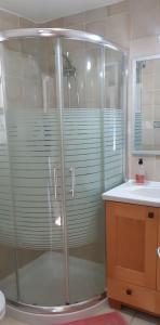 La salle de bains est pourvue d'une douche avec une porte en verre. dans l'établissement Villa Tivon, à Oranim