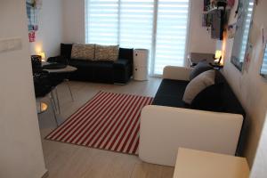 sala de estar con sofá negro y alfombra roja en Apartament pod Czarną Górą, en Sienna