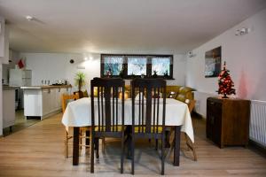 een eetkamer en keuken met een tafel en stoelen bij Apartamenty Argo in Krakau +35 foto's