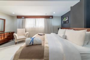 a hotel room with a bed and a chair at Hodelpa Gran Almirante in Santiago de los Caballeros