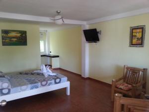 a room with a bed and a tv and two chairs at Binucot Beach Resort in Ferrol