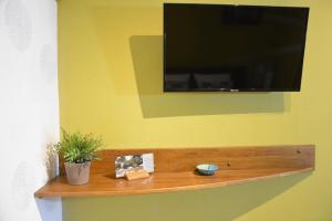 a television on a yellow wall with a wooden shelf at Le Mas des Aludes in La Destrousse