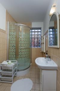 a bathroom with a shower and a sink at Poziomka in Kujan