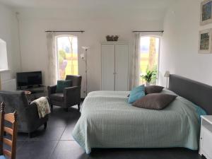 a bedroom with a bed and two chairs and a television at De Borg Vakantie Appartementen in Winterswijk