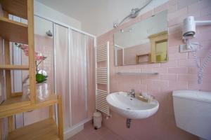 ein rosafarbenes Bad mit einem Waschbecken und einem Spiegel in der Unterkunft Albergo Etruria in Volterra